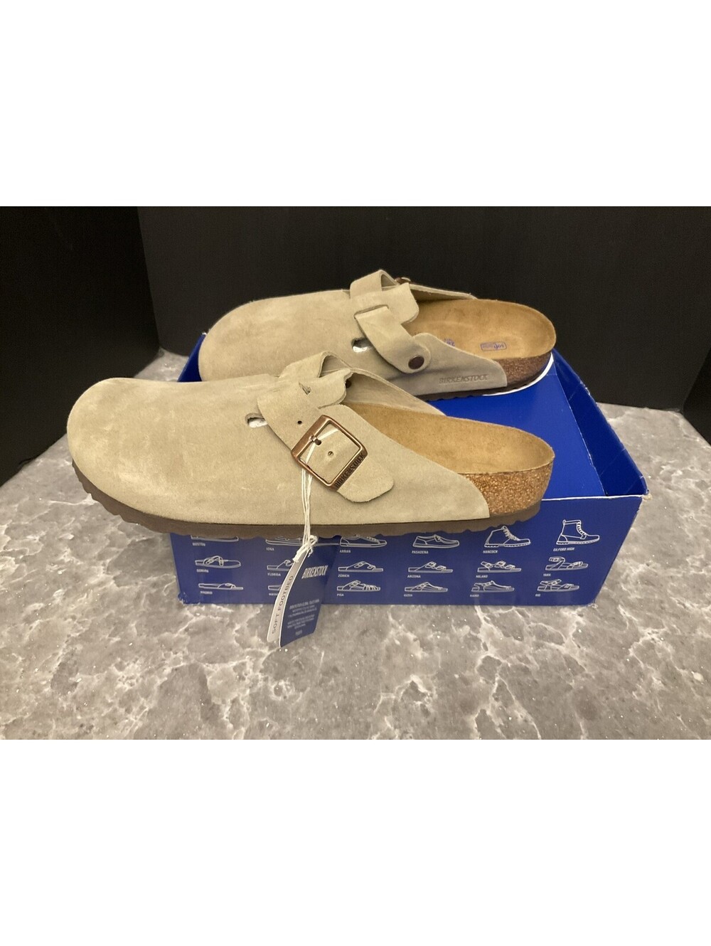 New! Mens Birkenstock Boston Taupe Soft Footbed Suede Leather Clogs. Size 10.